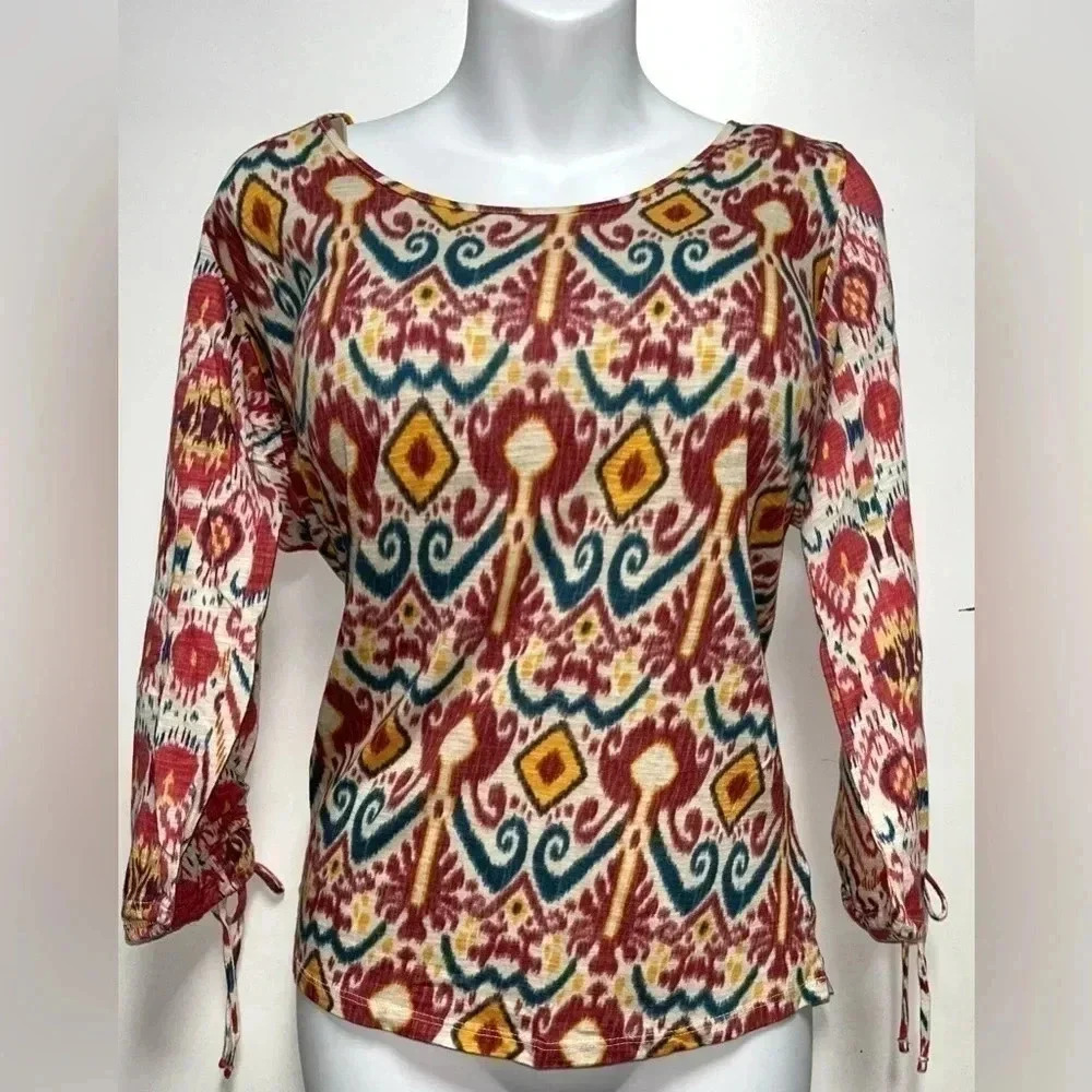 Lucky Brand Abstract Pattern Top Scoop Neck Shirred Sleeves Large